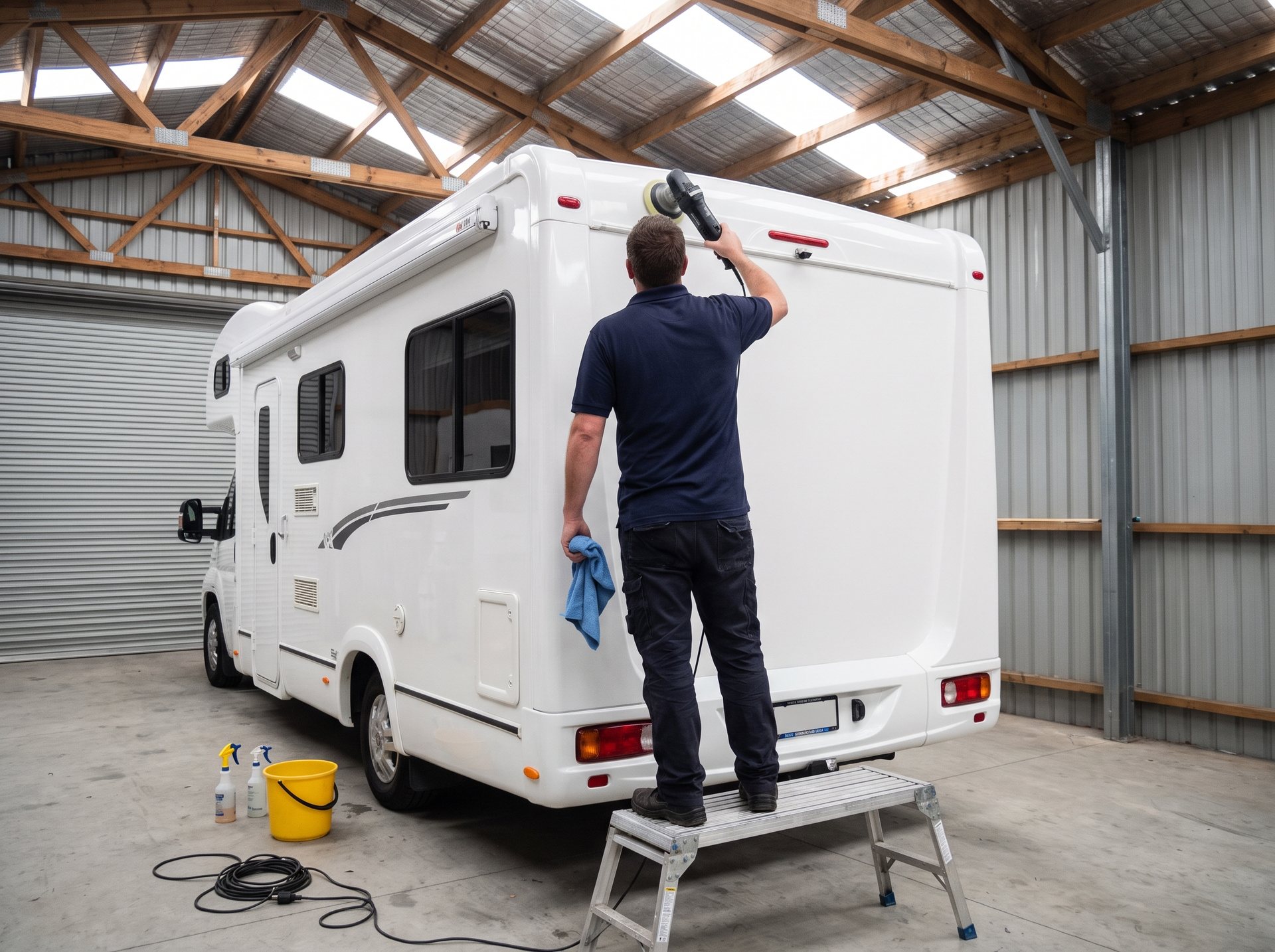 A Nomado detailer machine polishing the rear panel of a motorhome from a step platform