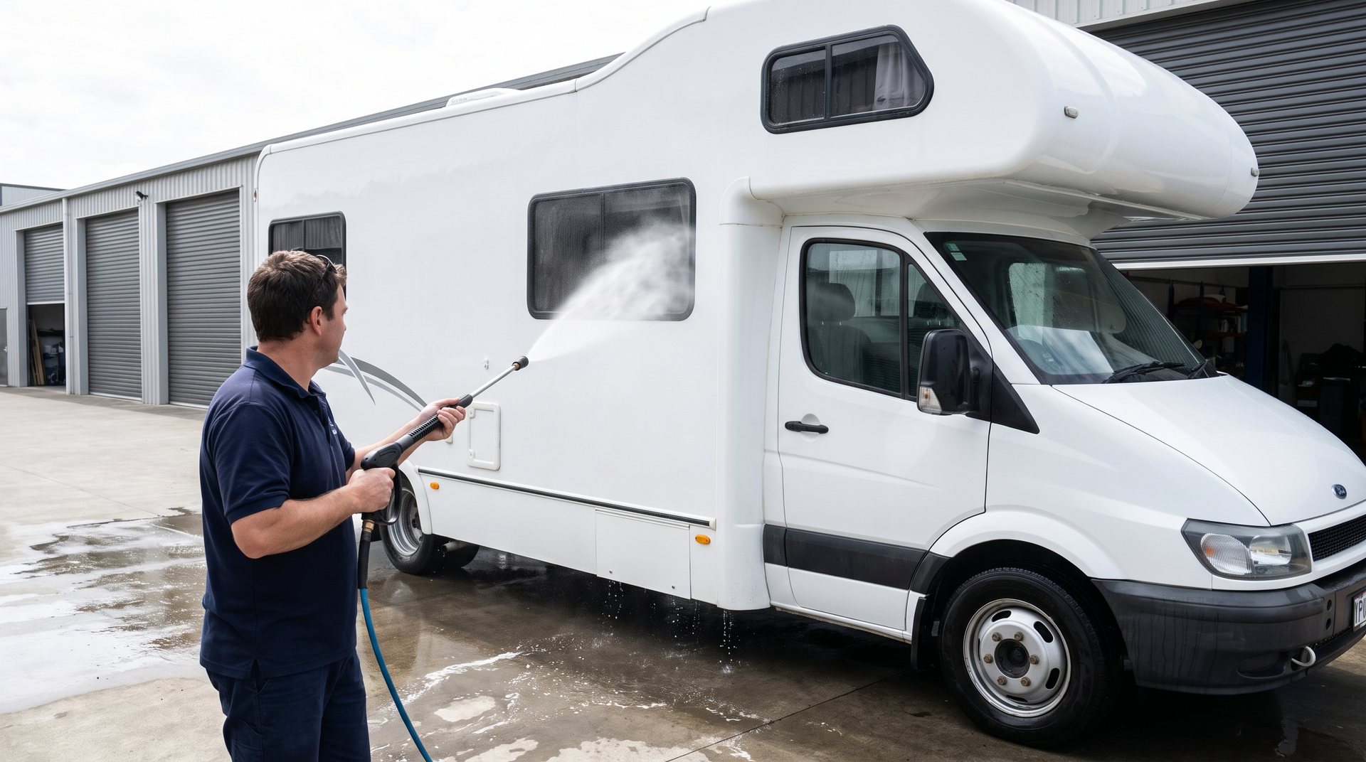A Nomado detailer pressure washing the side of a six berth coachbuilt motorhome