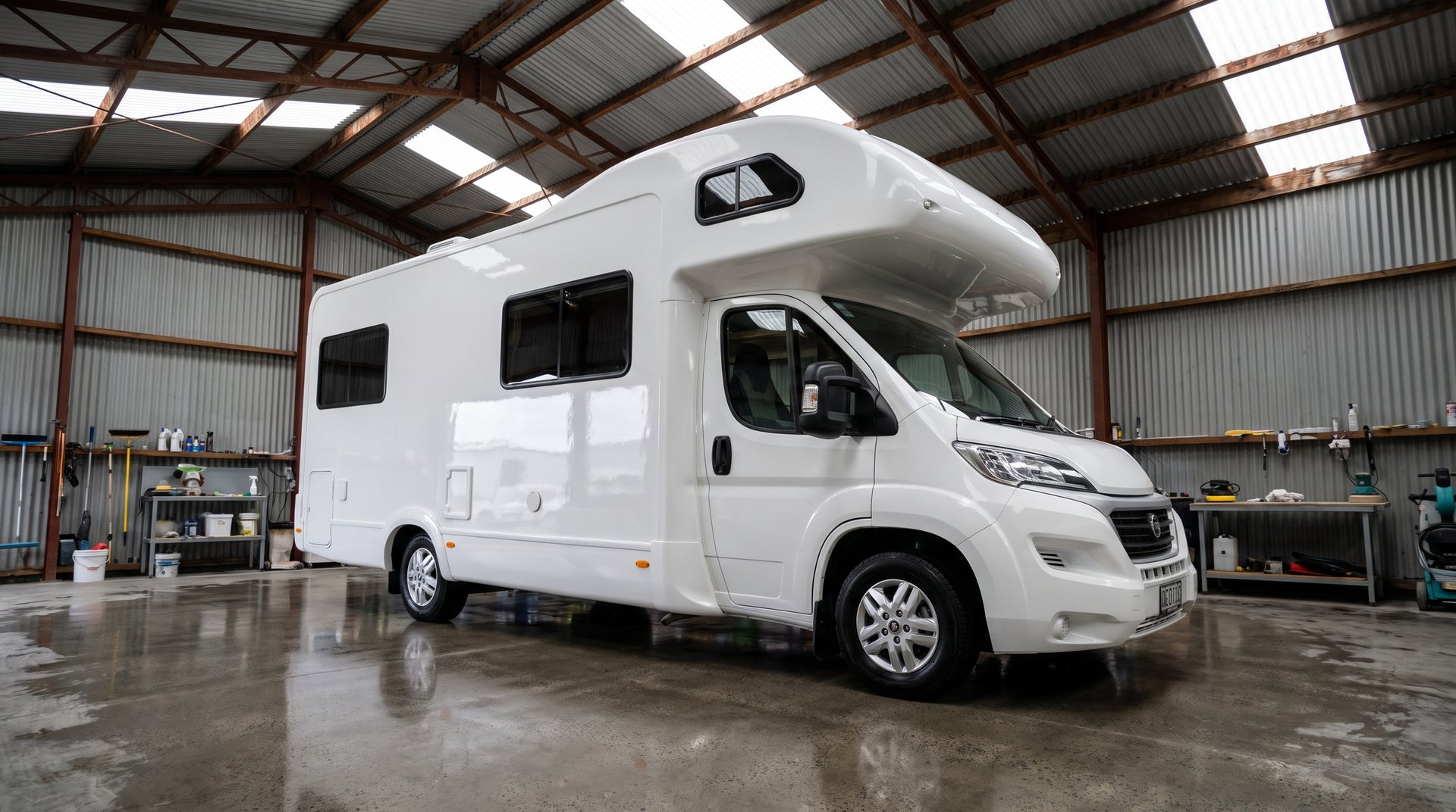 A freshly detailed white coachbuilt motorhome gleaming inside the Nomado Detailing workshop in Auckland
