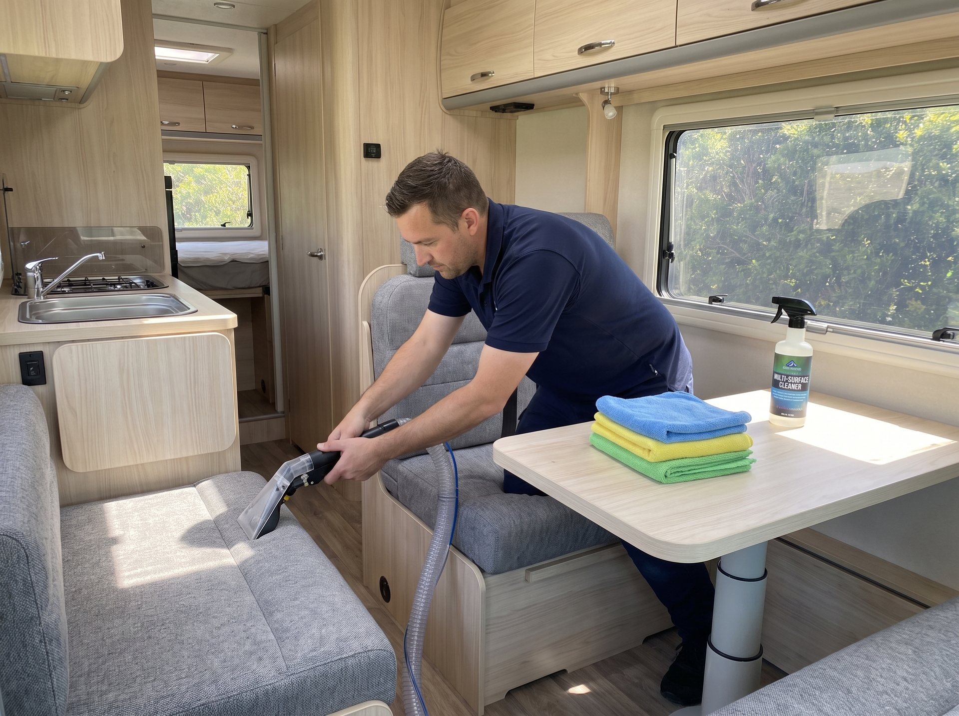 A Nomado detailer using an upholstery extraction tool on the bench seat inside a campervan
