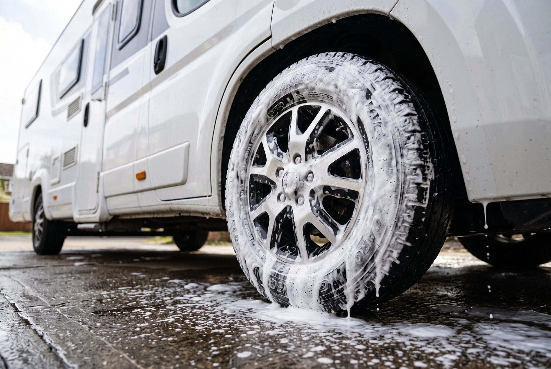 Thick snow foam covering the alloy wheel and lower panel of a large motorhome